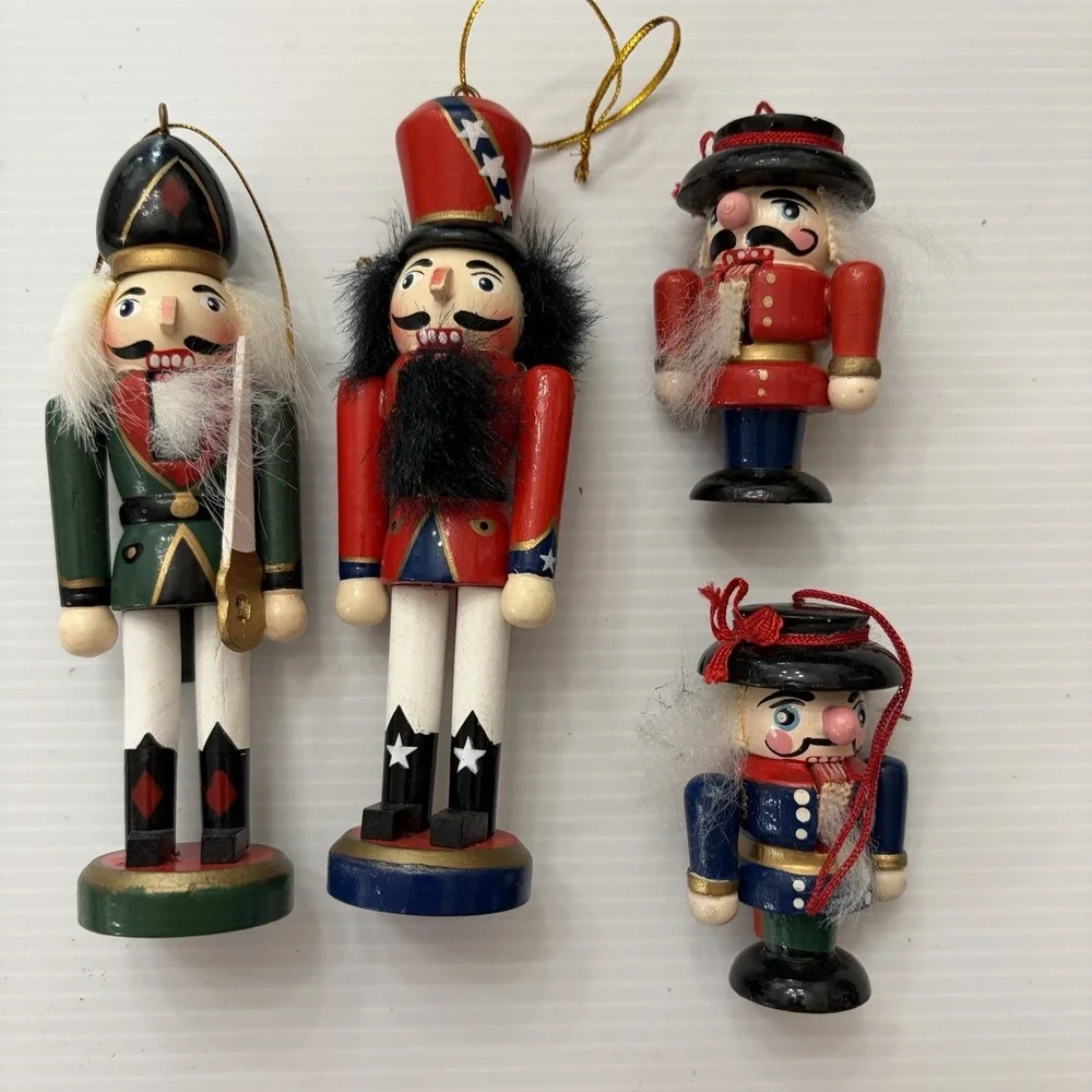 Vintage Wooden Nutcracker Christmas Tree Ornaments Lot Of 4 Holiday